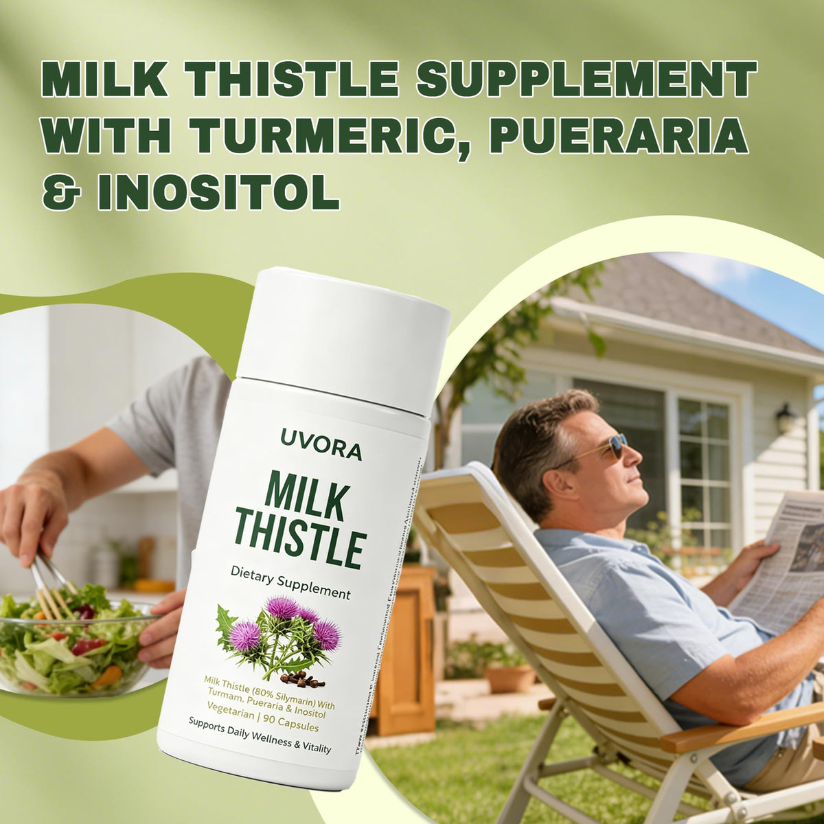 UVORA Milk Thistle capsules en gros plan avec le dosage indiqué