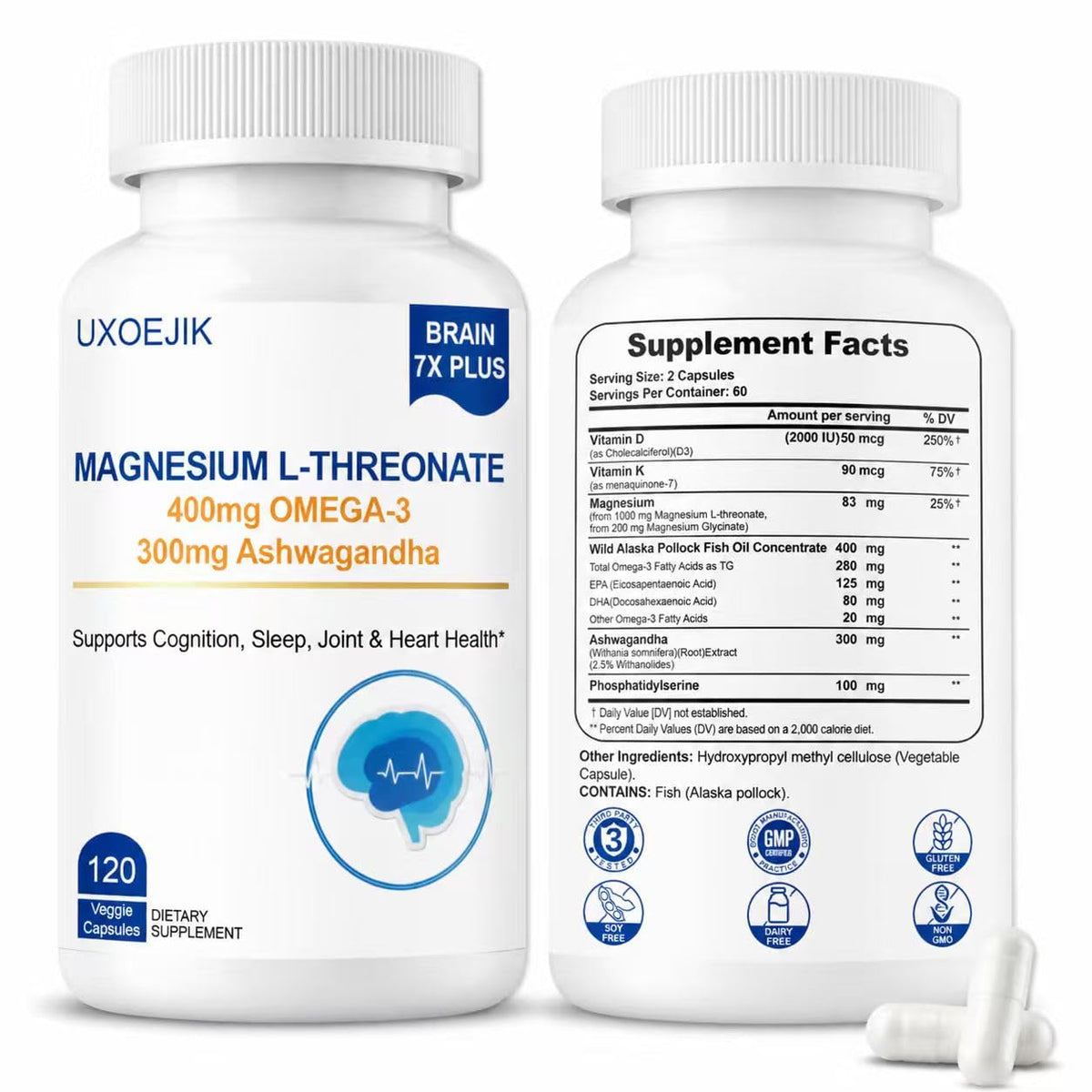 UXOEJIK Complément Alimentaire Magnésium L-Thréonate 2000mg - Flacon avant