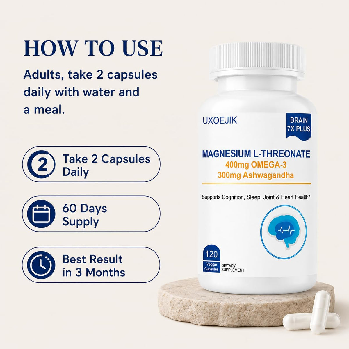 UXOEJIK Complément Alimentaire Magnésium L-Thréonate 2000mg - Vue de côté du flacon