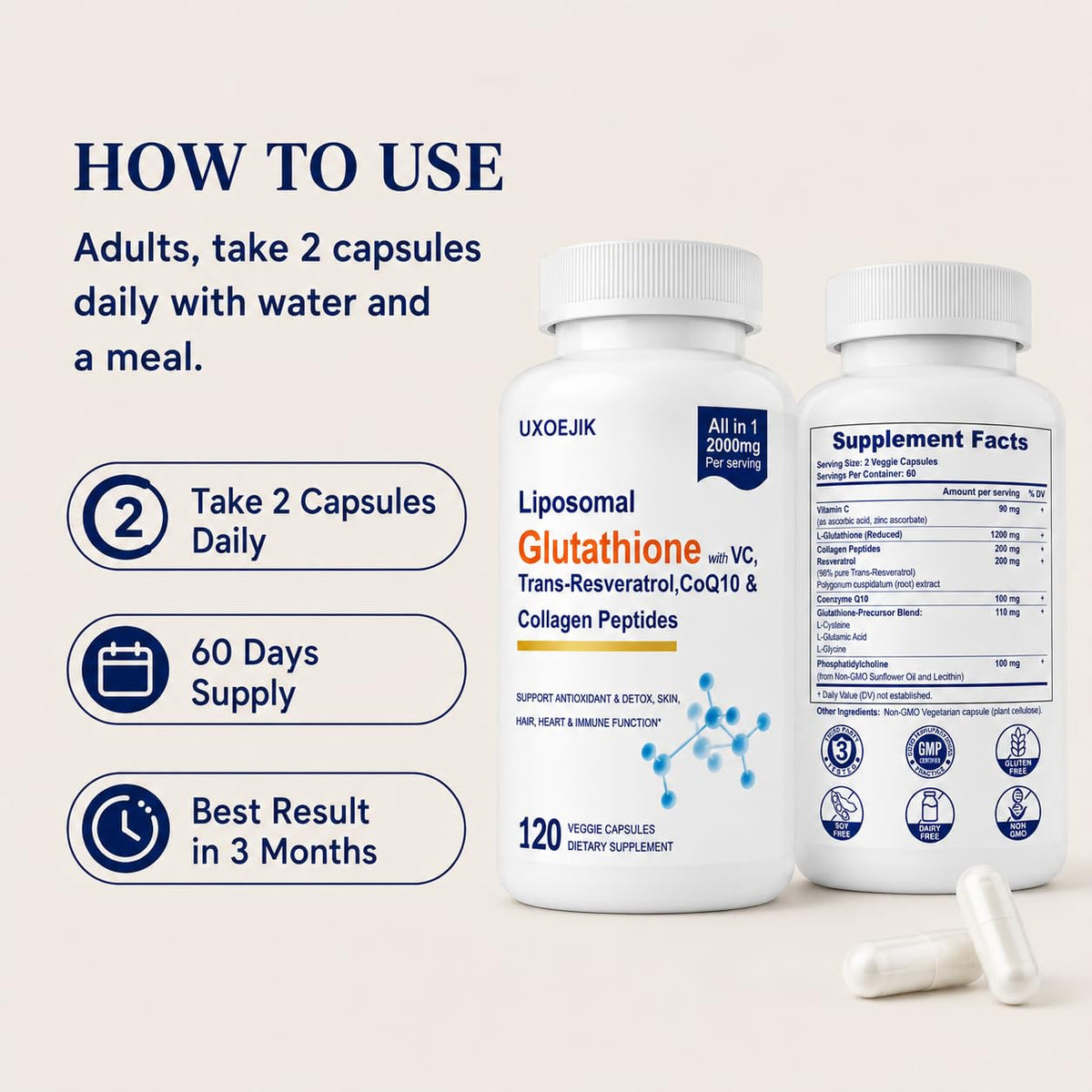 UXOEJIK Glutathion Liposomal 2000MG arrière de la boîte