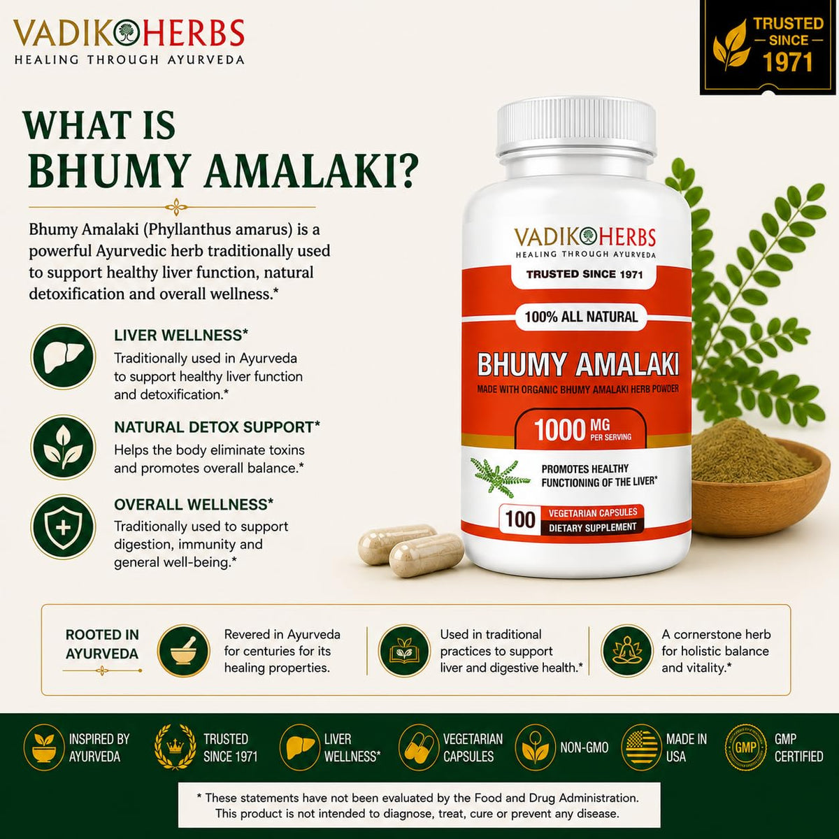 Vadik Herbs Bhumy Amalaki capsules 1000mg vue latérale