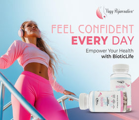 Vagy Rejuvenation BioticLife Probiotique avec ingrédients sur fond blanc