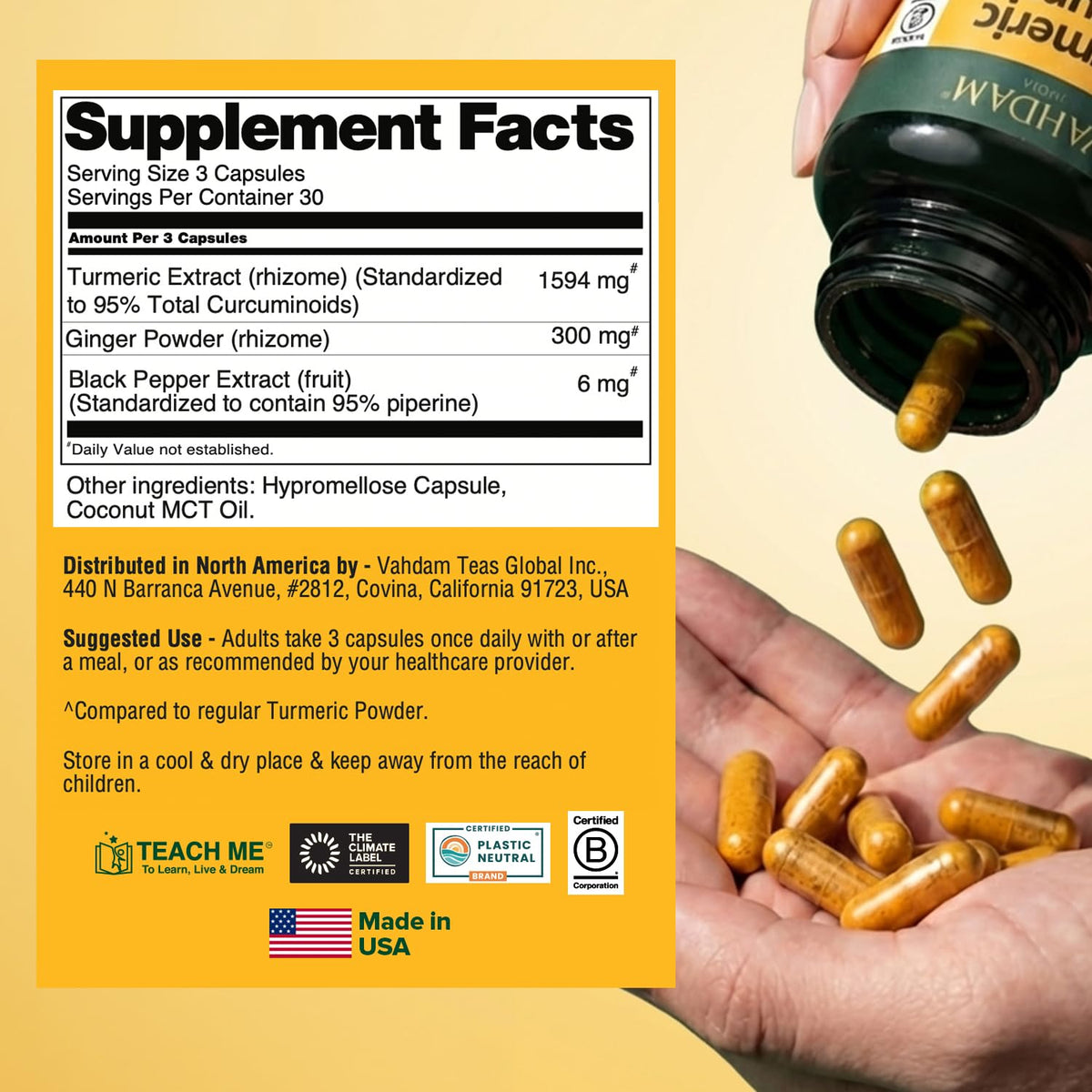 VAHDAM Curcuma Gingembre 1500mg avec verre d'eau