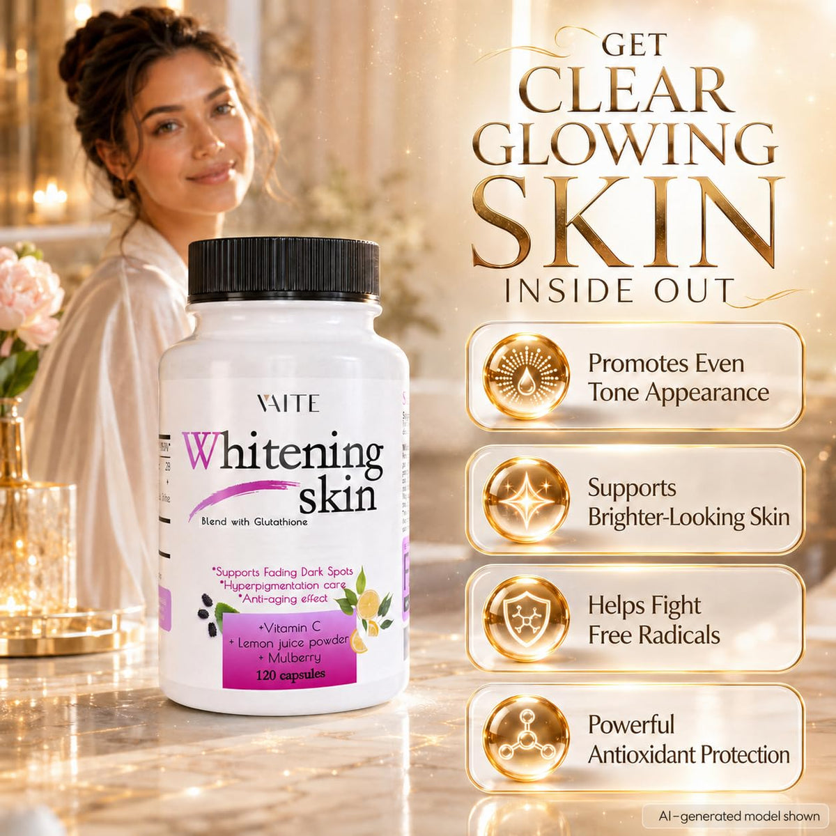 VAITE Glutathione 120 capsules montrant le dos du flacon
