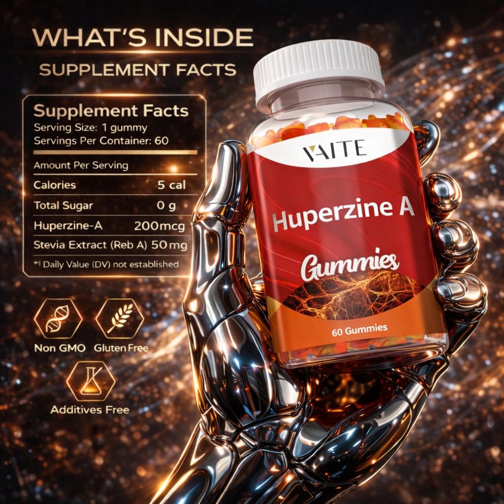 VAITE Gummies Huperzine A 200 mcg avec une main tenant une gomme