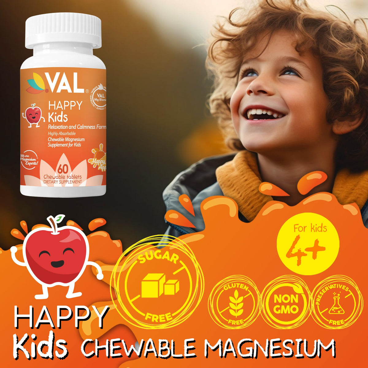 VAL Complément Alimentaire Magnésium pour Enfants 60 Comprimés à Mâcher - Goût pomme