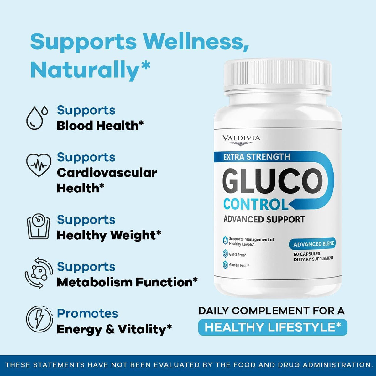 Valdivia Gluco Control 60 capsules sur un fond blanc