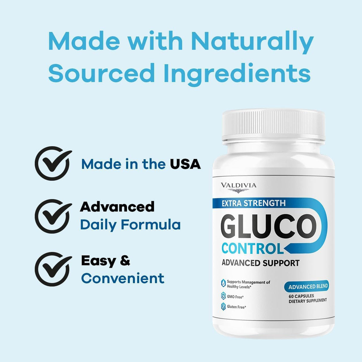 Valdivia Gluco Control 60 capsules sur une table en bois