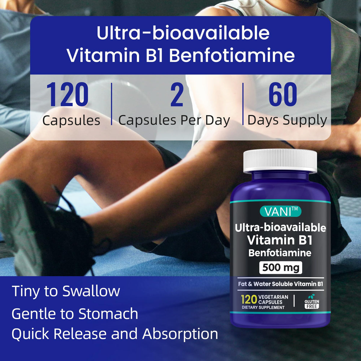 VANI Benfotiamine 500 mg capsules sur un fond blanc