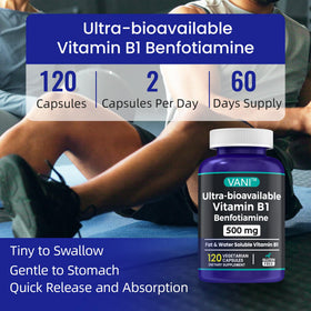 VANI Benfotiamine 500 mg capsules sur un fond blanc