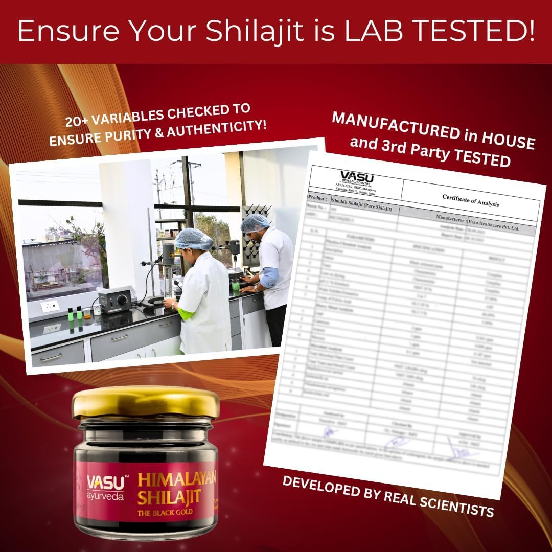 Vasu Shilajit Pur 400mg, présentation du produit sur un fond naturel