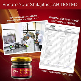 Vasu Shilajit Pur 400mg, présentation du produit sur un fond naturel