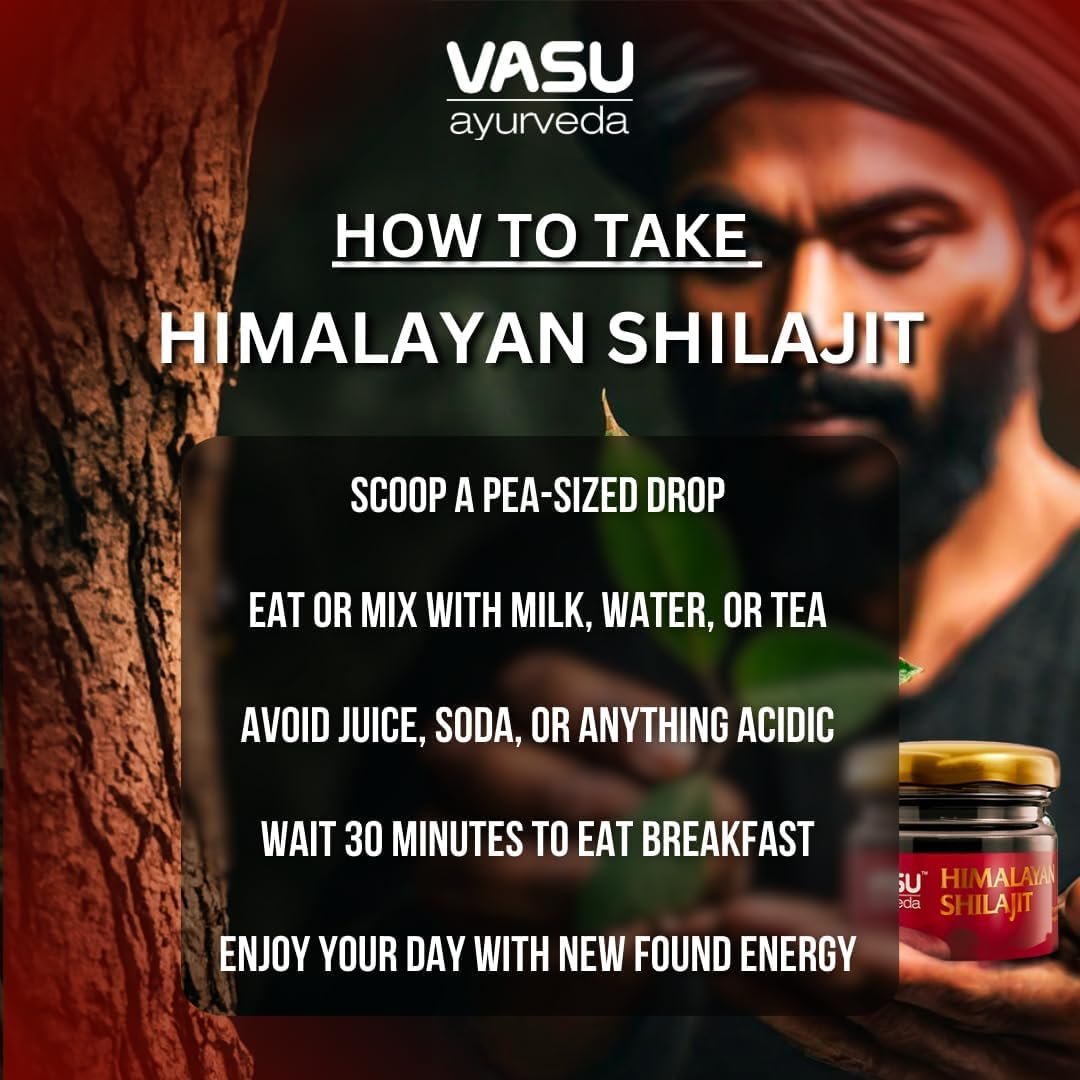 Vasu Shilajit Pur 400mg, produit sur une table en bois