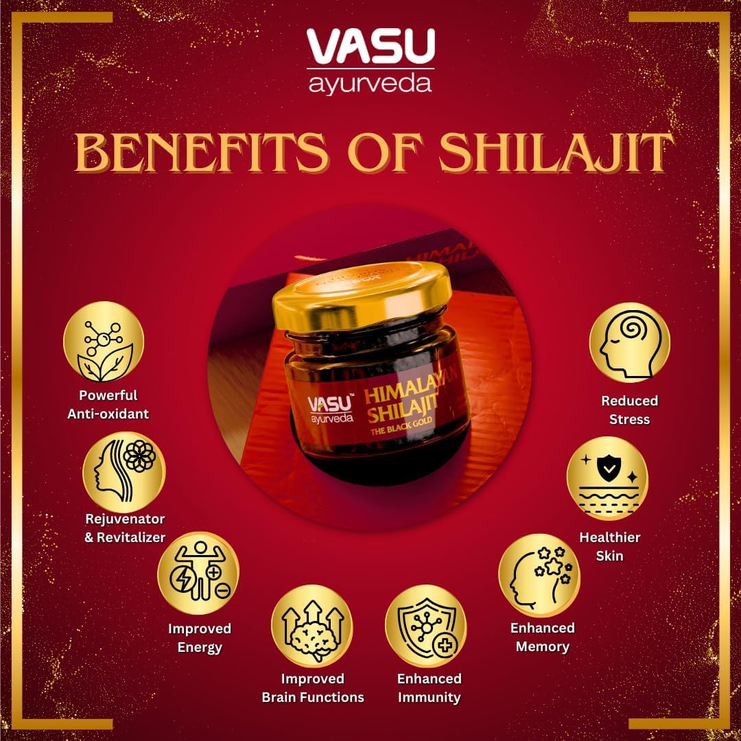 Vasu Shilajit Pur 400mg, résine dans une cuillère en bois