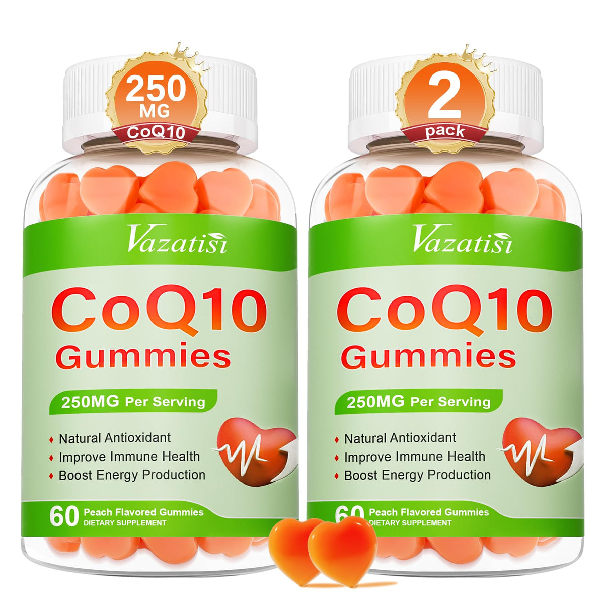 Vazatisi CoQ10 Gummies 250 mg flacon avec 120 gummies à saveur de pêche