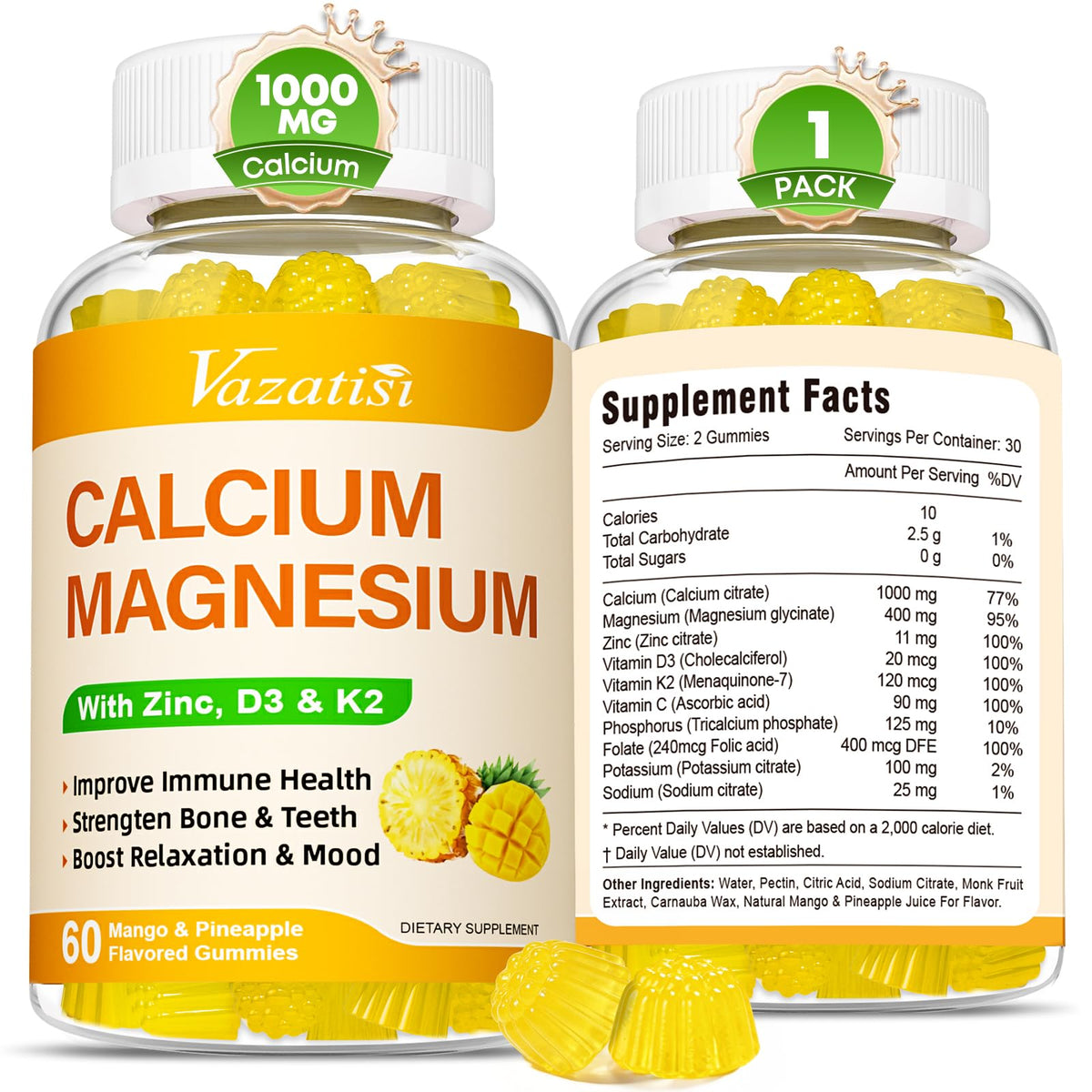 Vazatisi Gummies Calcium Magnésium Zinc 60 Gummies vue de face
