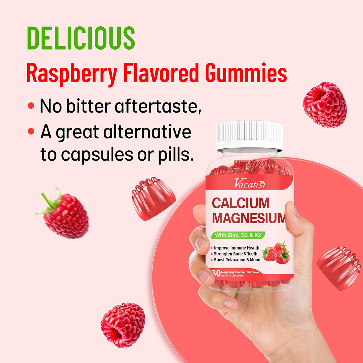 Vazatisi Gummies Calcium Magnésium Zinc 60 unités Framboise dans une main
