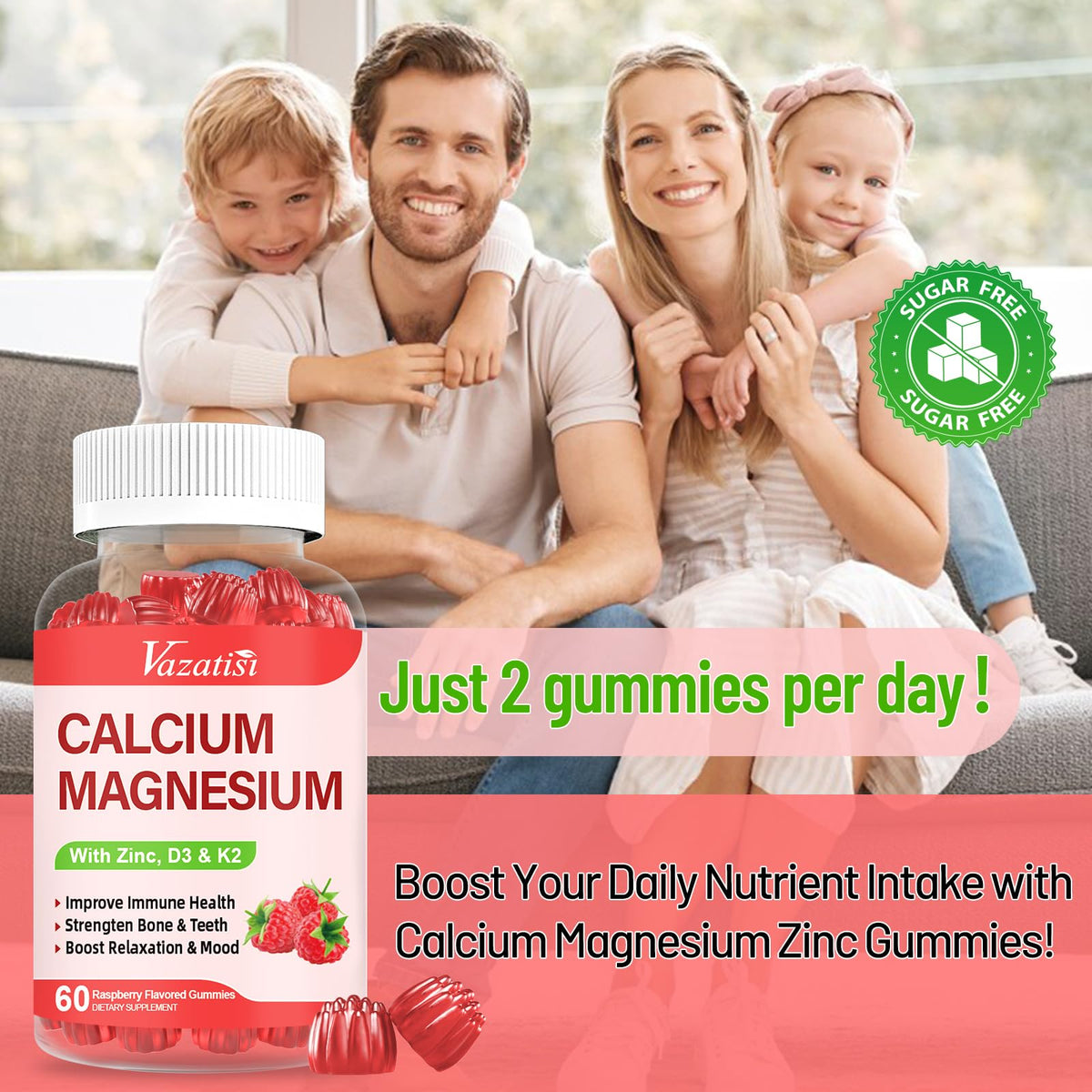Vazatisi Gummies Calcium Magnésium Zinc 60 unités Framboise en forme amusante