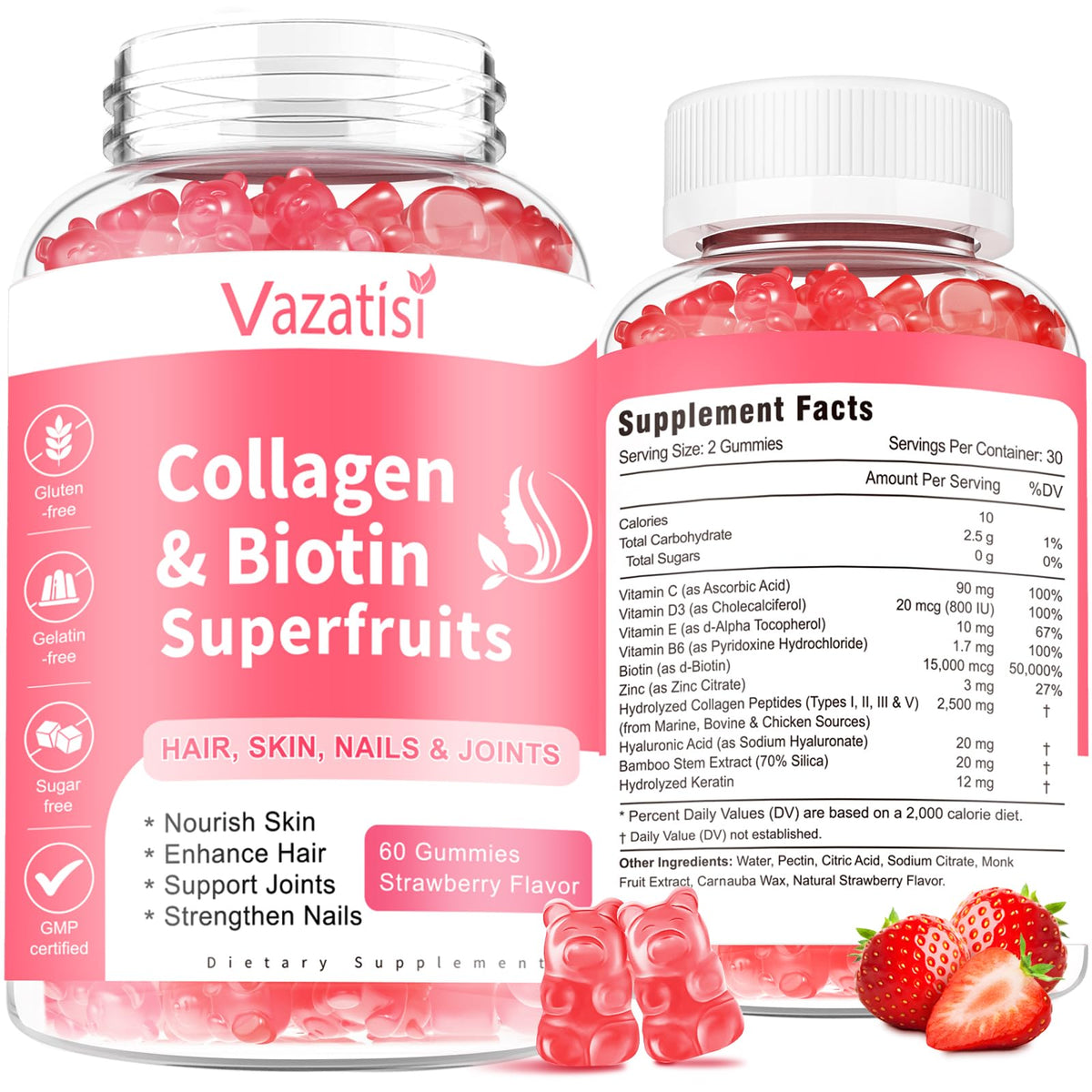 Vazatisi Gummies Collagène Fraise en bouteille, avant