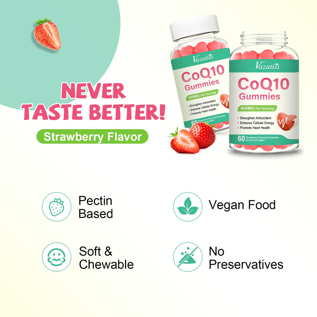Vazatisi Gummies CoQ10 400MG avec Omega-3 et Vitamine B3, goût fraise