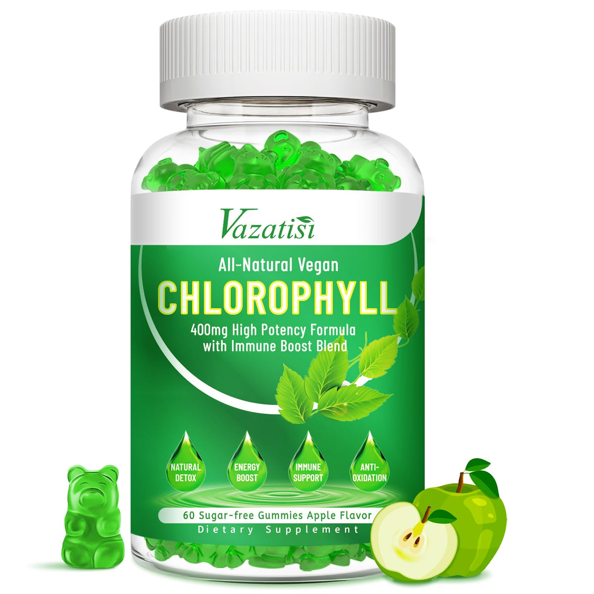 Vazatisi Gummies de Chlorophylle 60 Comp. Saveur Pomme vue de face