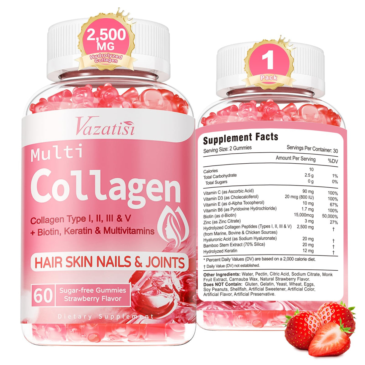 Vazatisi Gummies de Collagène Hydrolysé 60 Gummies Sans Sucre, vue de face