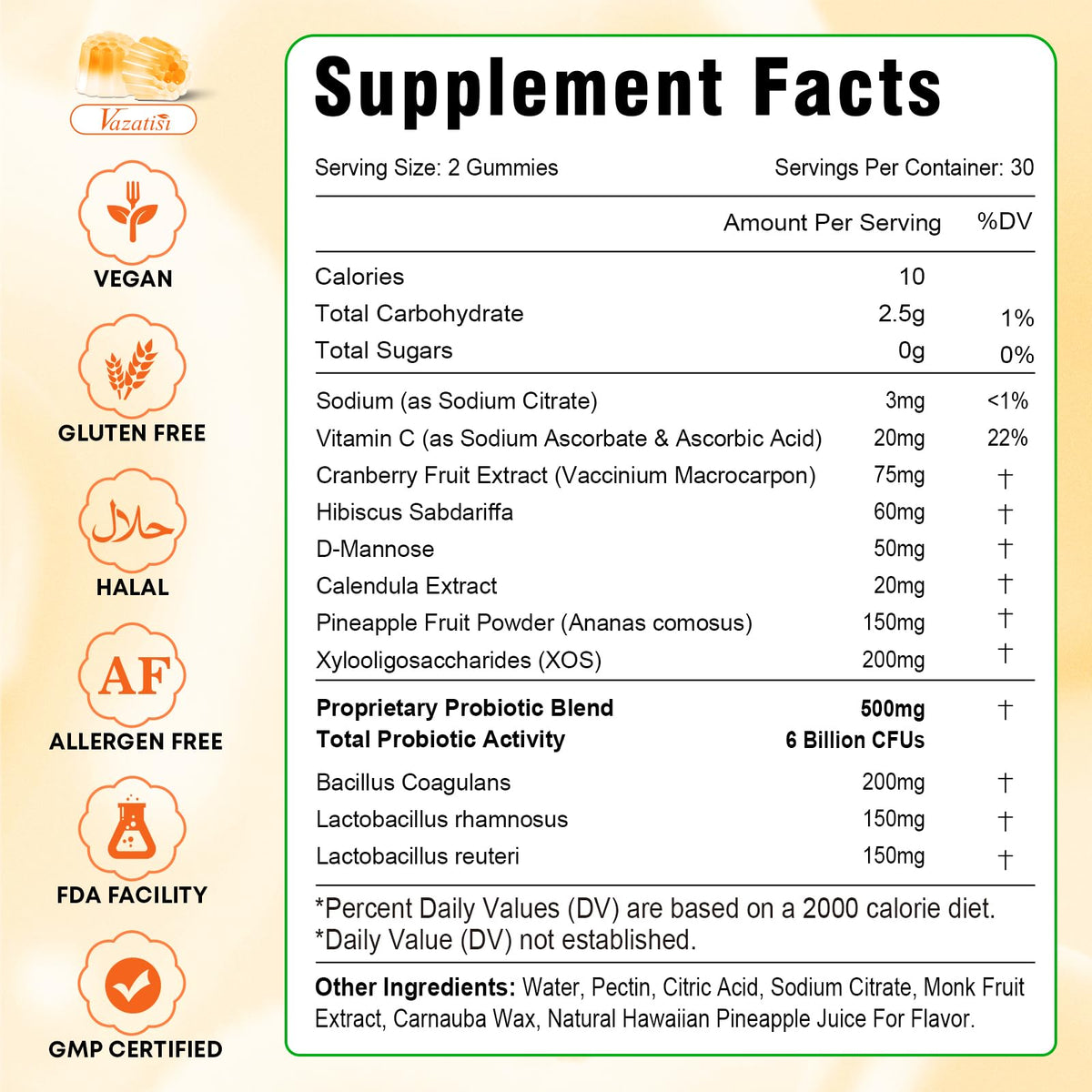 Vazatisi Gummies Équilibre Féminin 120 Comp. Saveur Ananas à côté d'un verre d'eau