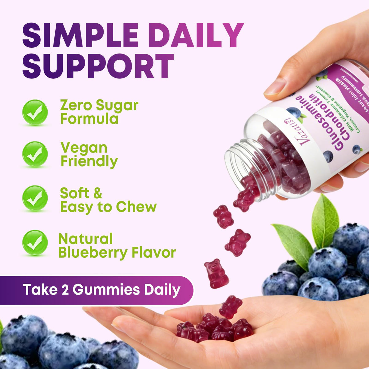 Vazatisi Gummies Glucosamine Chondroitine saveur myrtille sur une table
