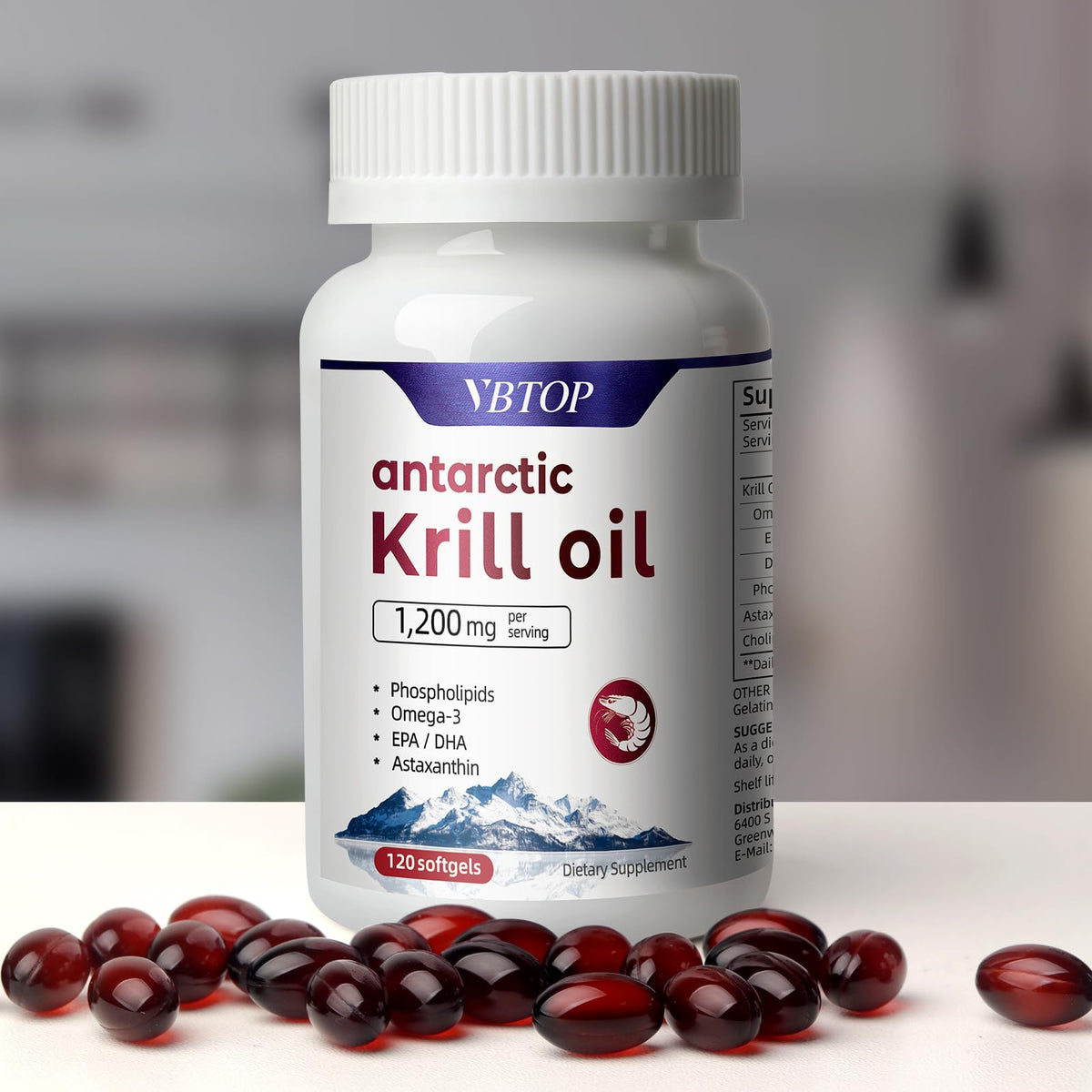 VBTOP Huile de Krill Antarctique 1200mg avec des gélules sur un plan de travail