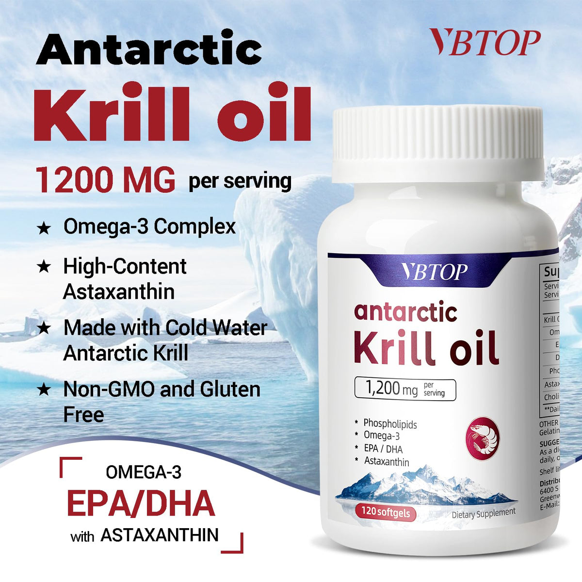 VBTOP Huile de Krill Antarctique 1200mg gélules avec dosage visible