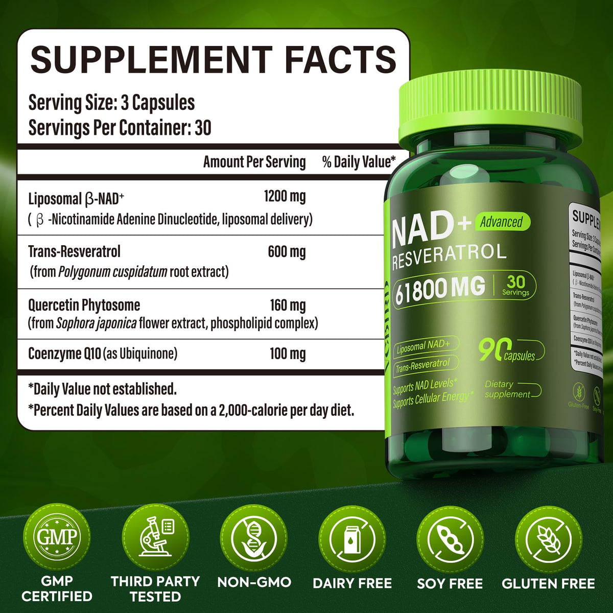 VCBIRD Complément Alimentaire NAD+ Resveratrol 1200mg sur une table en bois