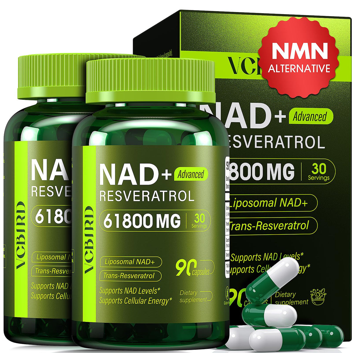 VCBIRD Complément Alimentaire NAD+ Resveratrol 1200mg vue avant
