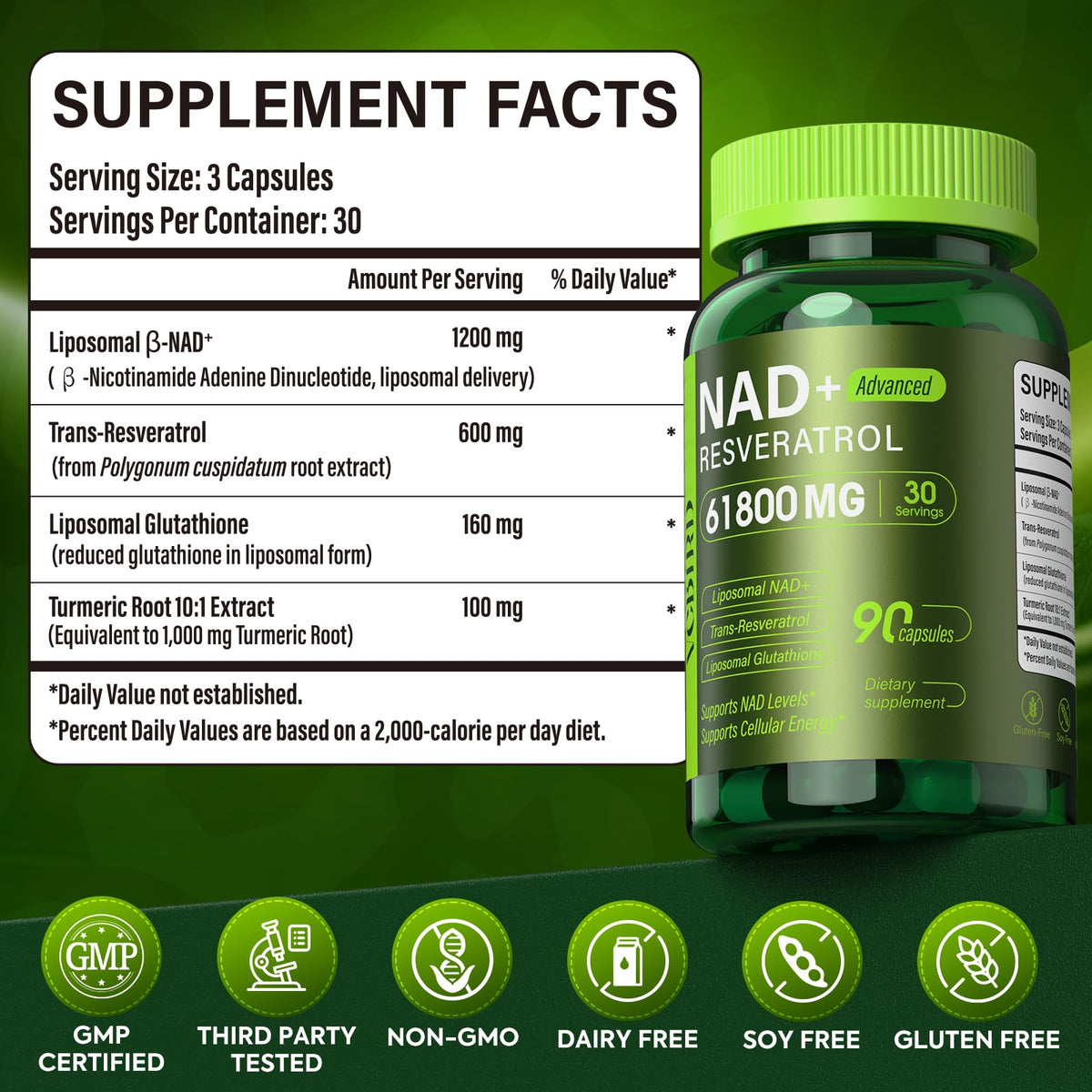 VCBIRD Liposomal NAD+ 1200mg capsules sur une table en bois