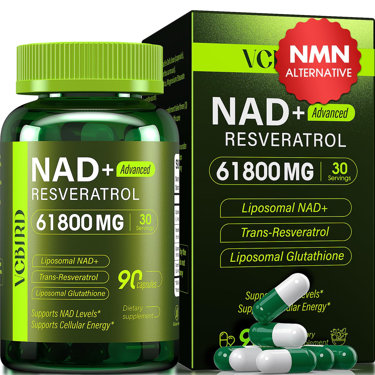 VCBIRD Liposomal NAD+ 1200mg flacon avant avec 90 capsules