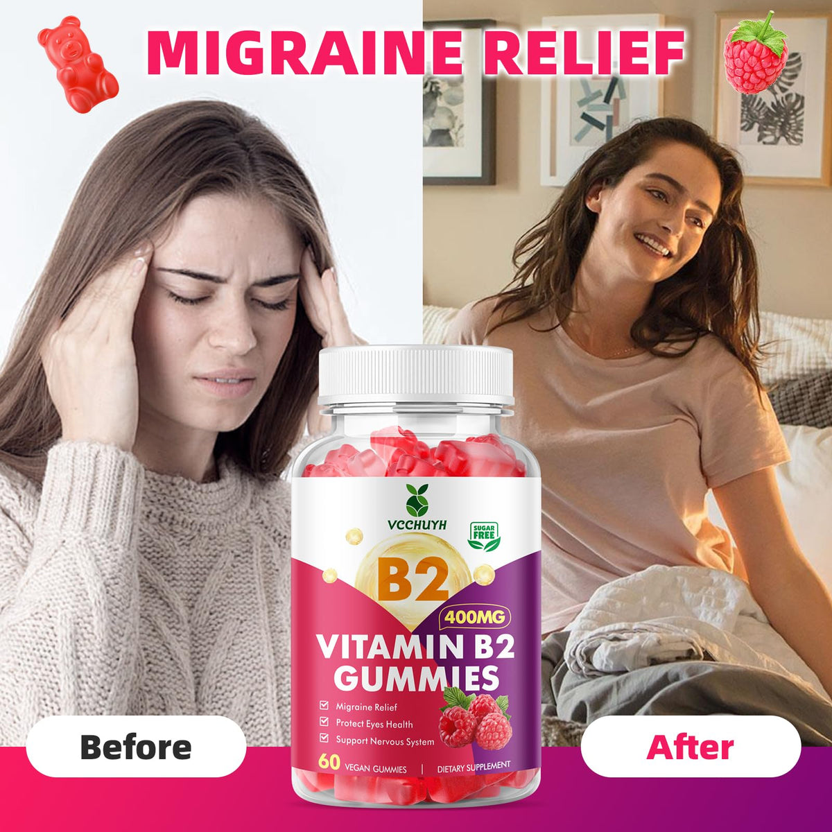 VCCHUYH Gummies Vitamine B2 400mg Framboise avec bouchon