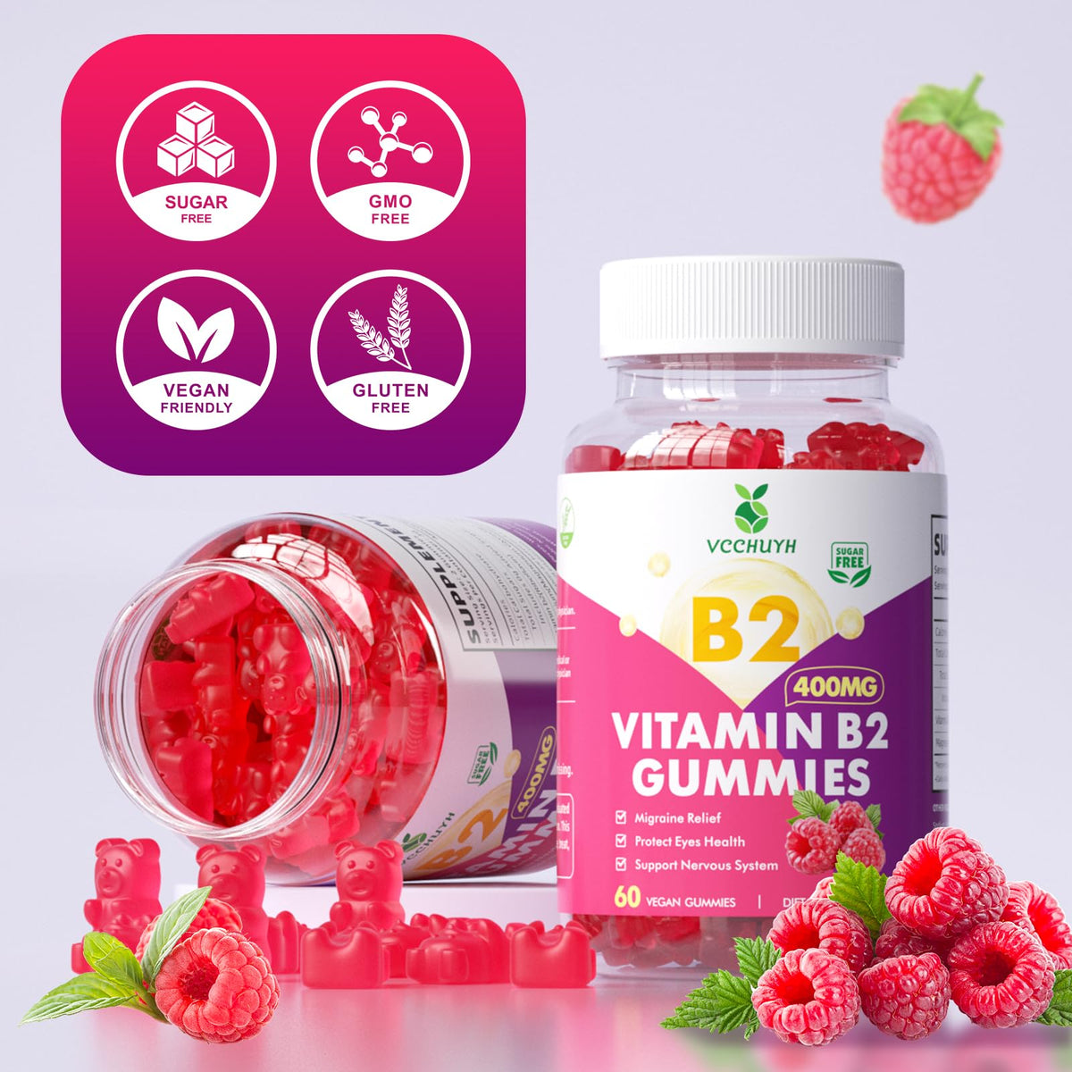 VCCHUYH Gummies Vitamine B2 400mg Framboise dans une main