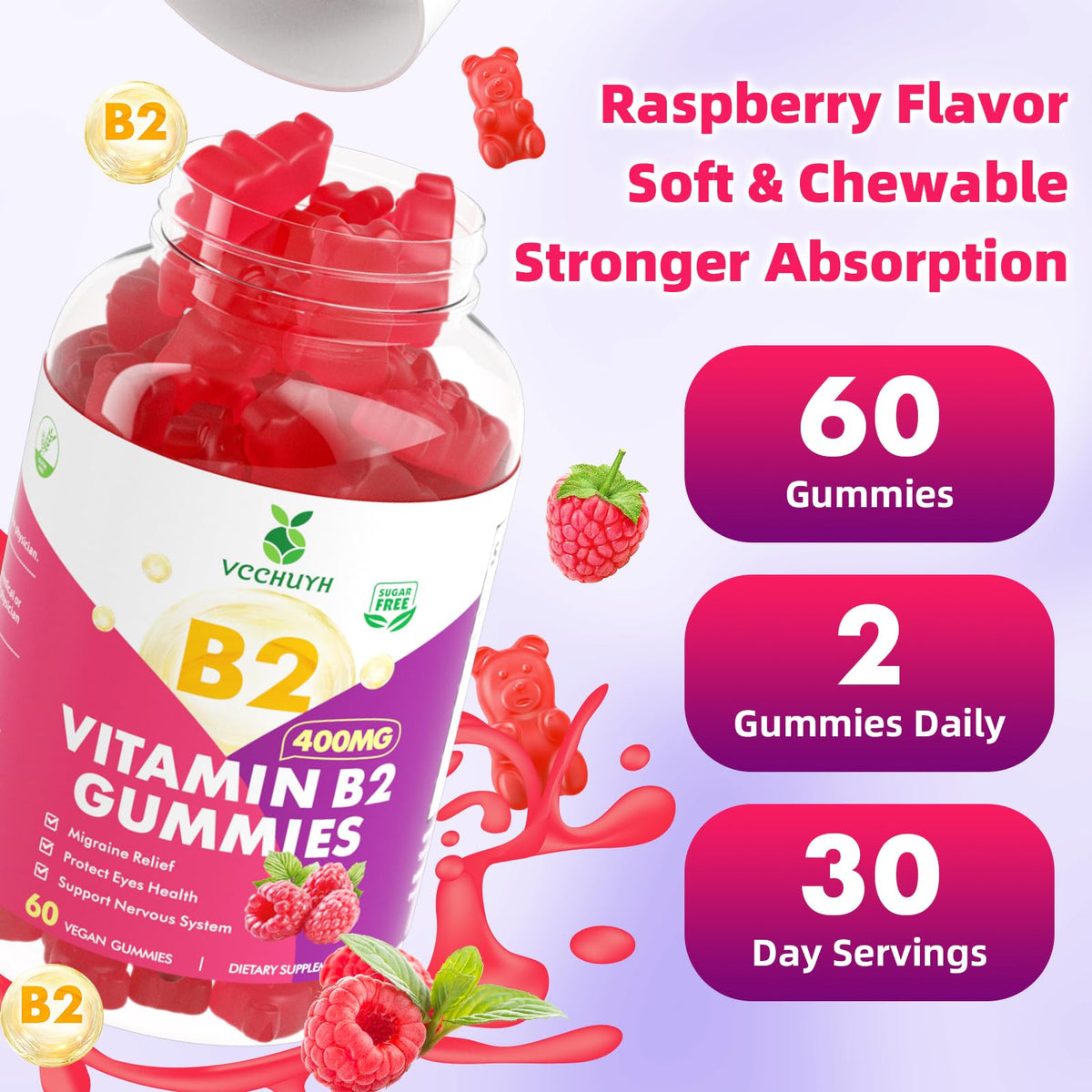 VCCHUYH Gummies Vitamine B2 400mg Framboise sur une table