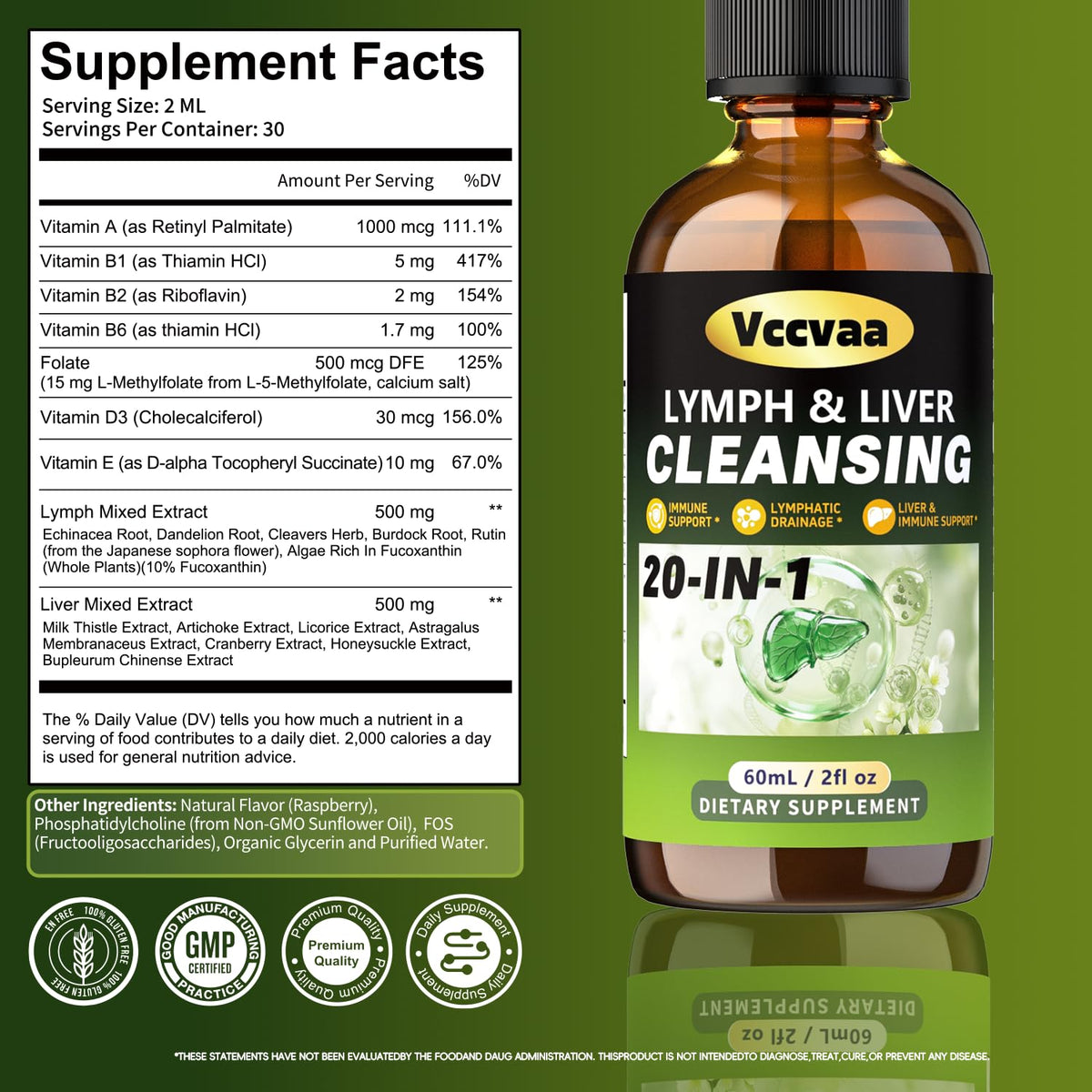 Vccvaa Complément Alimentaire Liquide Lymphatique et Hépatique 60ml - Flacon sur une table