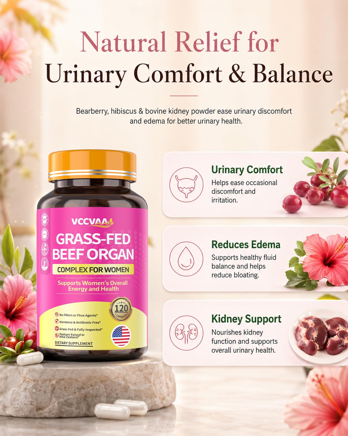 Vccvaa Complément Alimentaire Organes de Boeuf 120 Capsules avec ingrédients