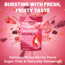 VDBHI Gummies protéinées avec fruits rouges en arrière-plan