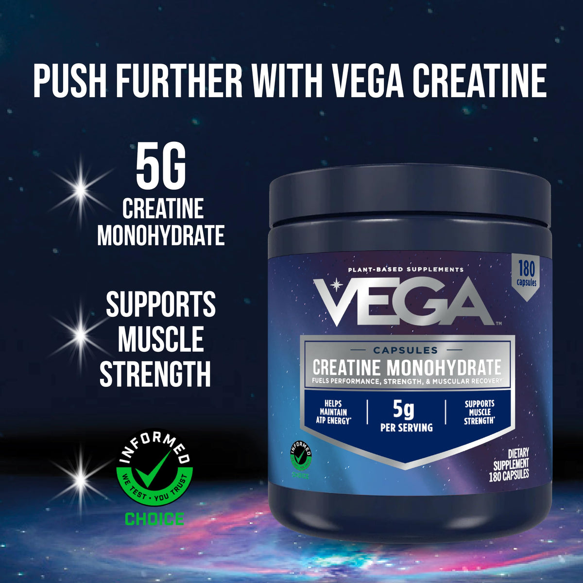 Vega Créatine Monohydrate Capsules 5g gélules sur fond blanc