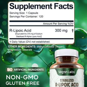 Vegan Labs Acide R-Lipoïque Stabilisé 300MG gélules végétales posées sur une table