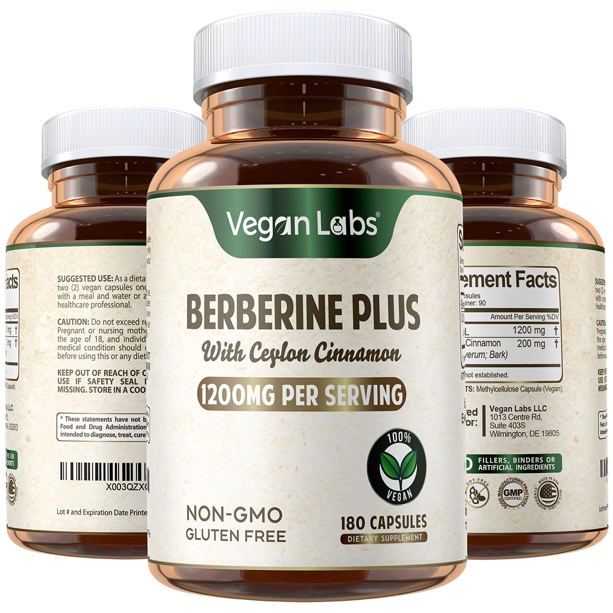 Vegan Labs Berberine HCL 1200MG 180 capsules végétaliennes vue de face
