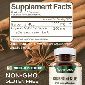 Vegan Labs Berberine HCL 1200MG capsules avec ingrédients