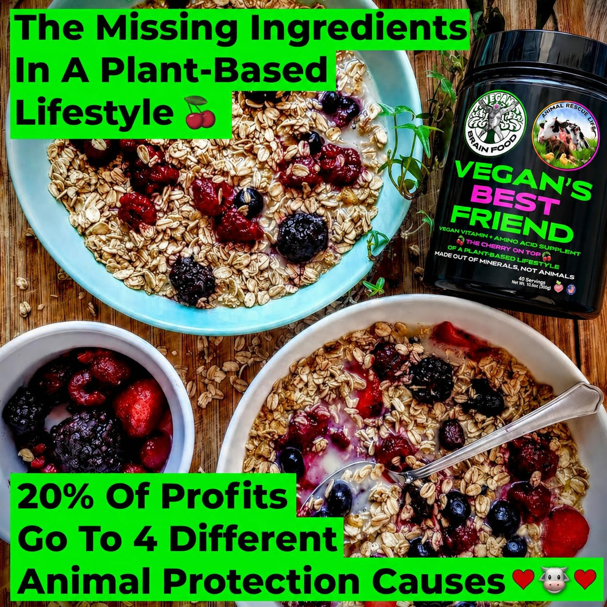 Vegan's Best Friend multivitamine avec ingrédients clés comme créatine et vitamine B12