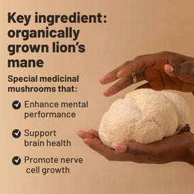Vegan Vitality champignon Lion's Mane capsules à côté de plantes