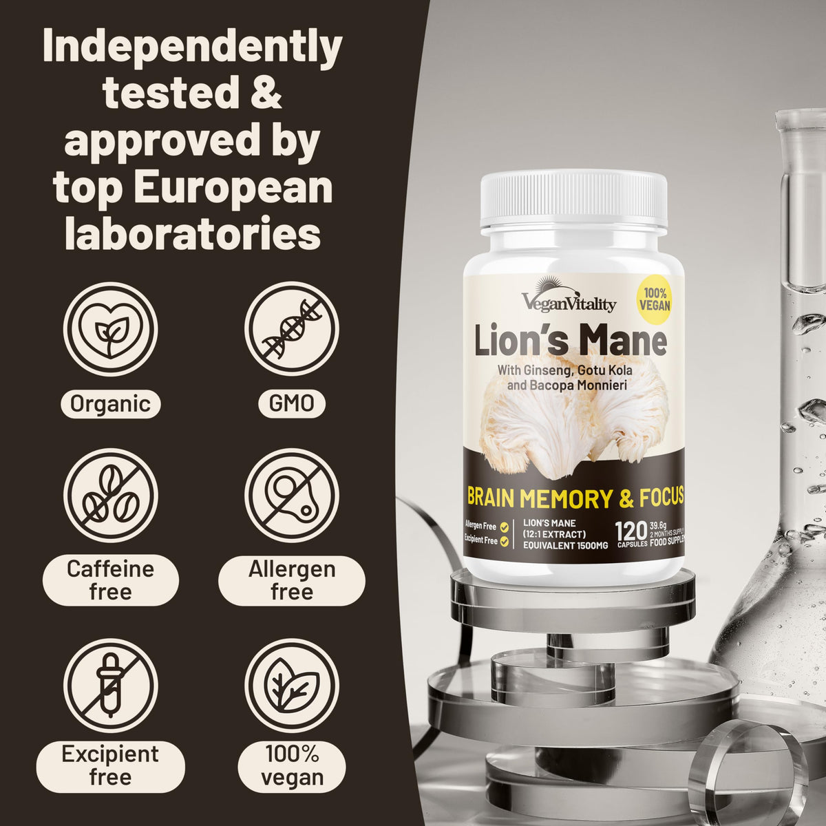 Vegan Vitality Champignon Lion's Mane capsules prise avec un verre d'eau