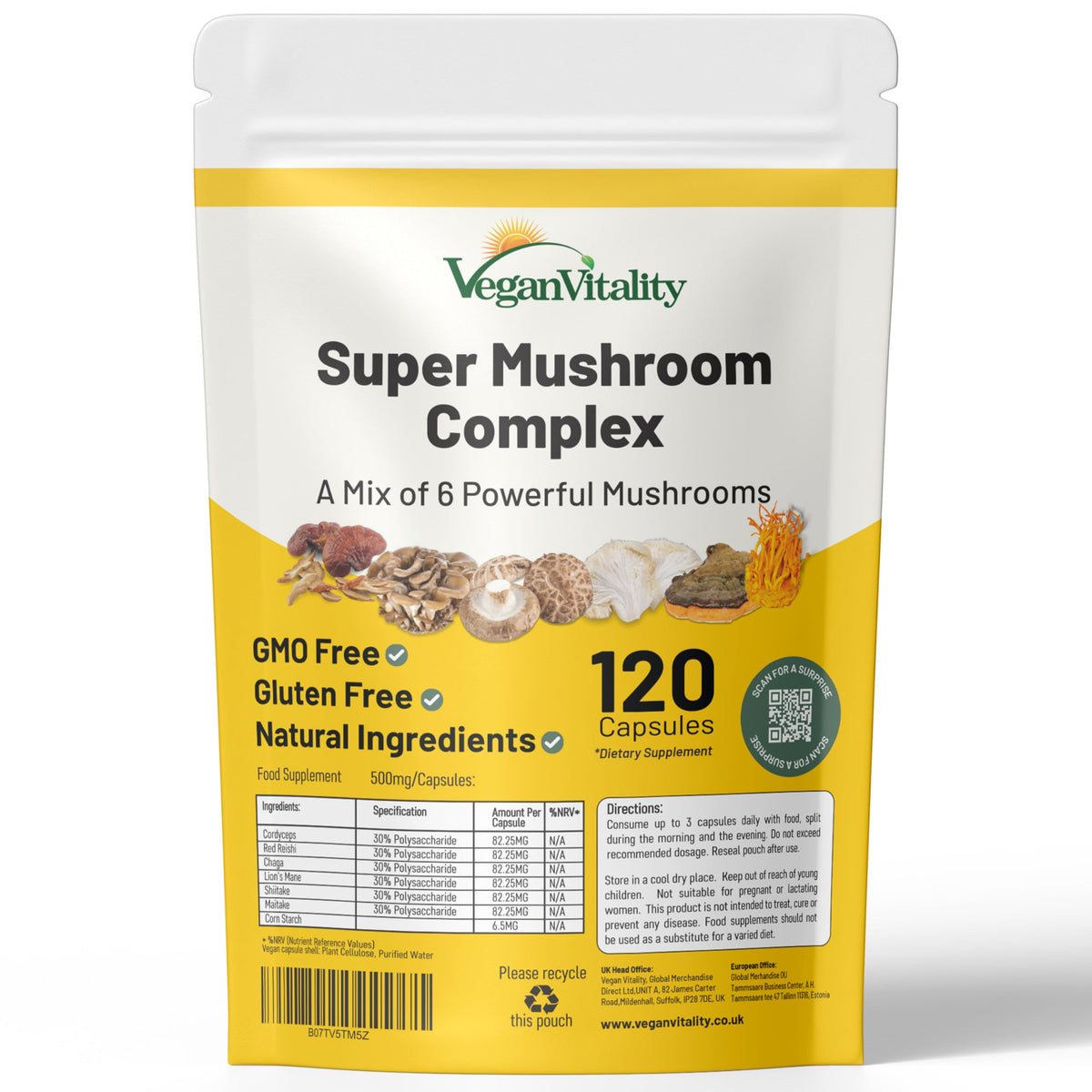 Vegan Vitality Complément Alimentaire Multi Champignons 120 Capsules vue de face