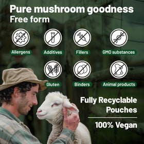 Vegan Vitality Complément Alimentaire Multi Champignons ouvert avec capsules visibles