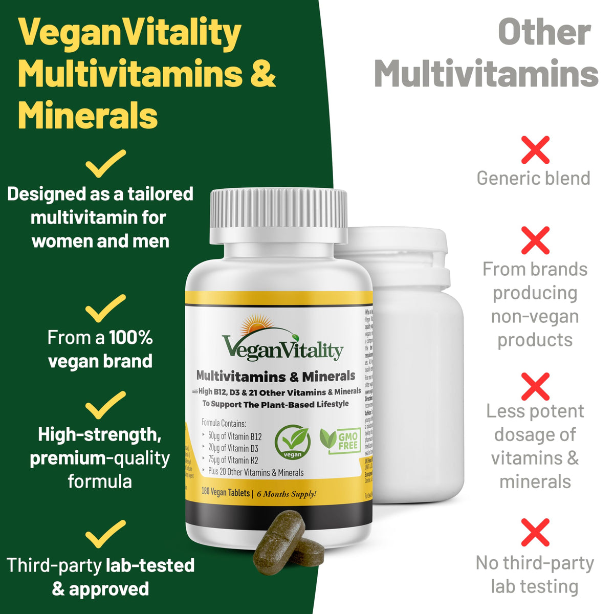 Vegan Vitality multivitamines avec étiquette claire de composition